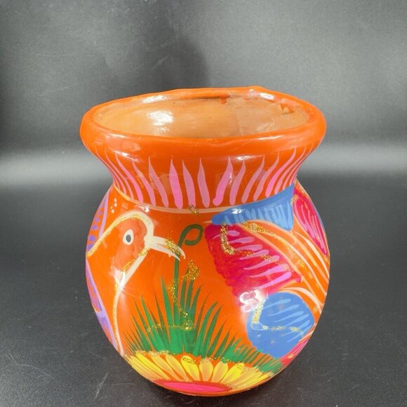 Mexico Tonala Pottery RedWare Coffee Mug Cup Jarrito Hand Painted Birds Vintage - Picture 12 of 13